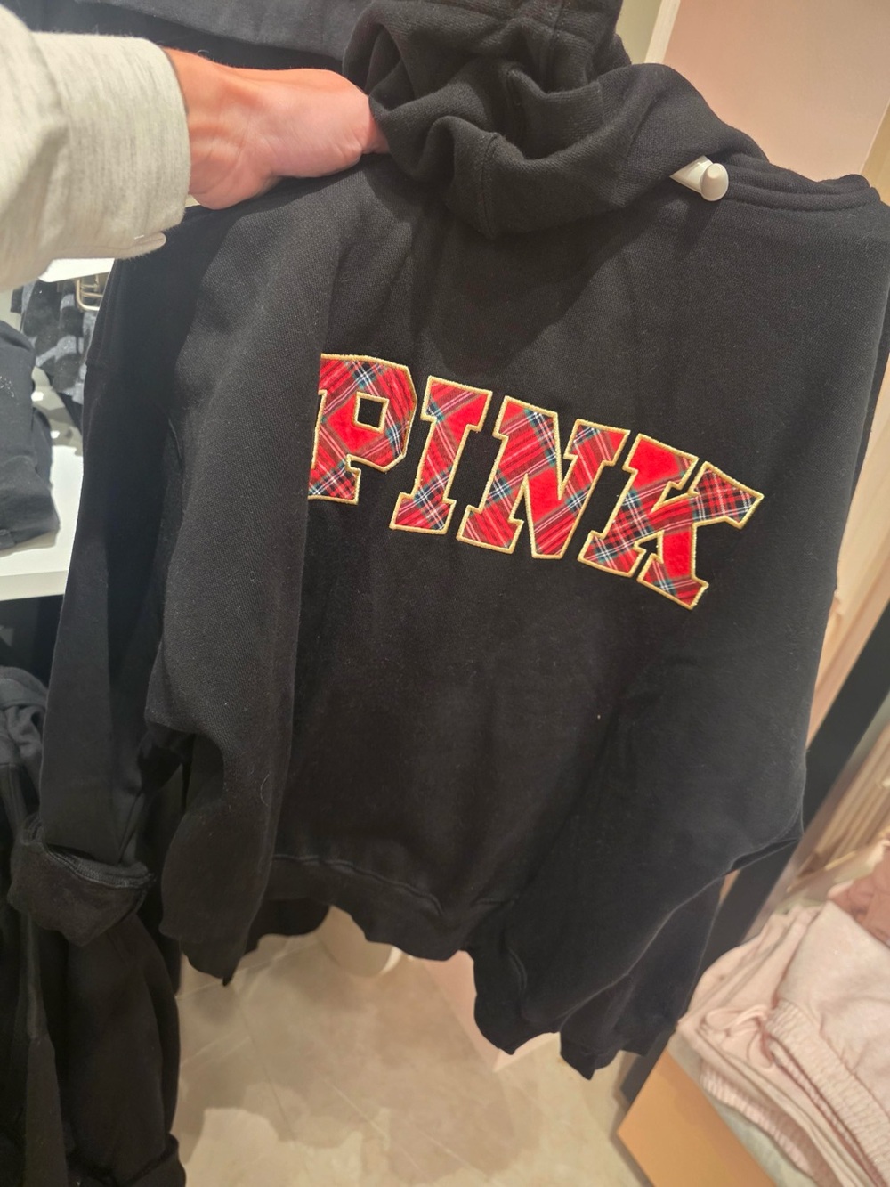 PINK Victoria's Secret Black Half Zip Hoodie with Red Tartan Logo